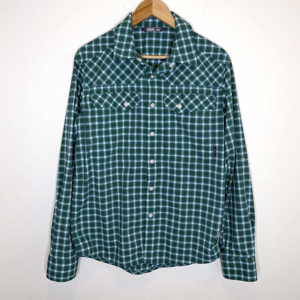 Stio Eddy Pearl Snap Long Sleeve Shirt Mens Small Green Plaid Performance